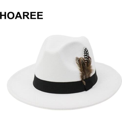 HOAREE White Wool Vintage Trilby Felt Fedora Hat with Feather Women Men Church Hats Wide Brim Male Female Autumn Jazz Caps