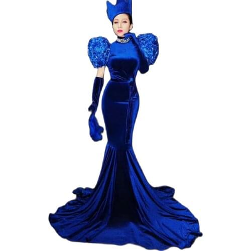 Vintage Velour Evening Long Dress Women Royal Blue Elegant Trumpet Dress Prom Birthday Party Catwalk Show Formal Costume