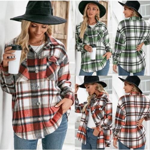 Europe and The United States thickened large size womens cashmere long sleeve plaid shirt loose casual shirt coat