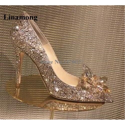 Women Wedding Shoes Pointed Toe Rhinestone Pumps Silver Black Gold Crystal Diamond High Heels Party Dress Shoes 9cm Heel Shoes