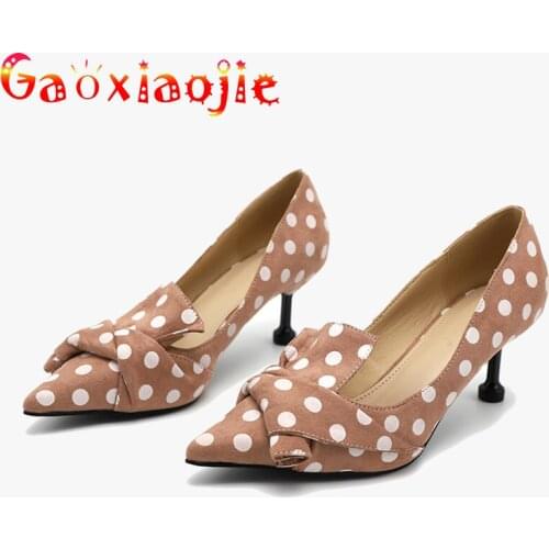 Gaoxiaojie Women Pumps 2021 New Spring Flock Pointed Toe Polka-dot High Heels Wild Non-slip Thin Heel Single Shoes Banquet Shoes