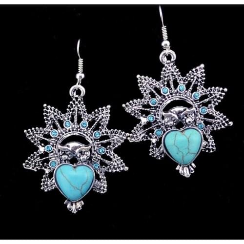New Bohemian Style Vintage Punk Stone Heart Big Flower Dangle Earrings for Charm Women Jewelry Earring Accessories