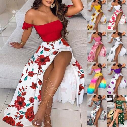 Floral Print Summer Dresses For Women 2020 Two Piece Skirt Set Spaghetti Strap Crop Top And Maxi Long Skirt Party 2 Piece Sets
