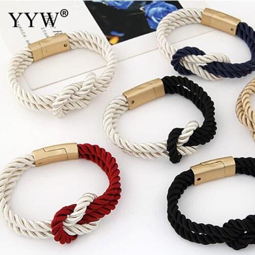 Women Fashion Twist Wrap Bracelets Black Red Blue Color Braided Rope Bracelets Bangles Gold Clasp Simple Nylon Cord Wristband