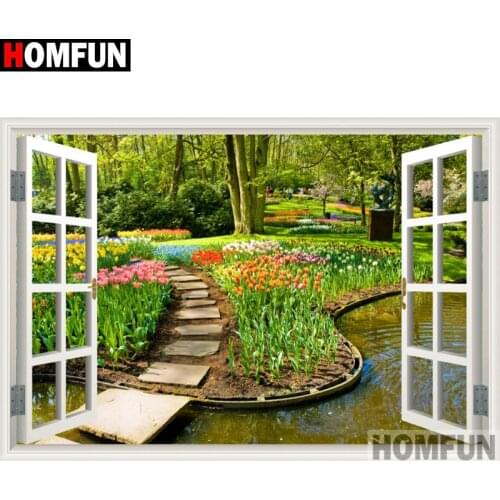HOMFUN 5D Diy Diamond Painting Cross Stitch "Window flower scene" Home Decor Full Rhinestones Inlay Diamond Embroidery A26075