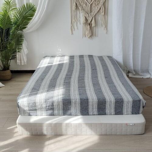 1pc 100% Linen Yarn Dyed Stripe Fitted Sheet Mattress Cover Four Corners With Elastic Band Bed Sheet Three Colorways Available