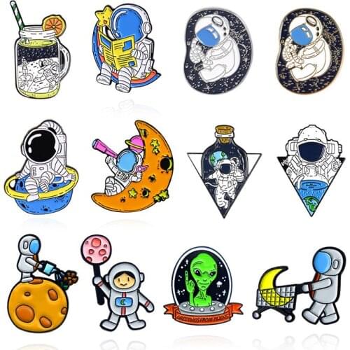 12 style astronaut alien creative Enamel Brooch Astronauts to the moon protect environment Lapel Pin Star Moon cart badge