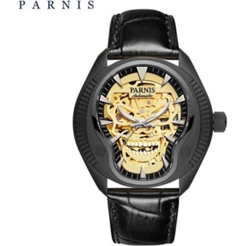 Parnis 43mm Fashion Mens Watches Black Case Gold Skull Skeleton Luminous Dial Mechanical Automatic Sapphire 8N24 Movement Watch
