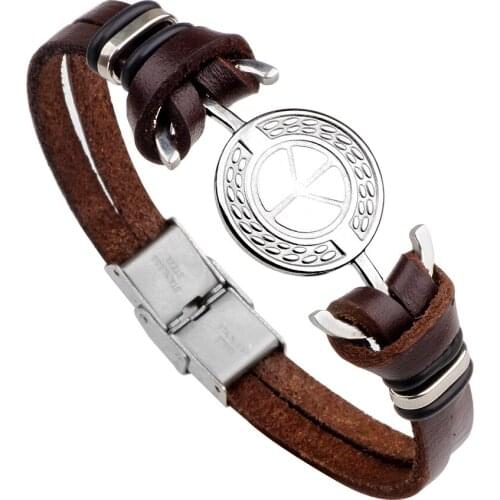 Black Peace Round Stainless Steel Fashion Cuff Bangle Leather Bracelets Women Men Jewelry Accessories