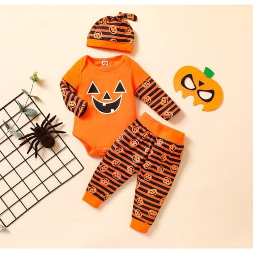 Halloween Three Piece Baby’s Clothes Pumpkin Printed Long Sleeve Romper and Trousers with Hat 2021