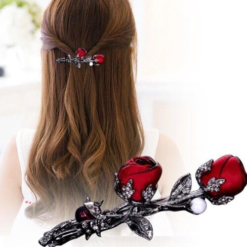 Graceful Rose Flower Rhinestone Leaf Hair Clips Red Rhinestone Hairpins Ponytail Half-tie Spring Hairpin Accessories for Women
