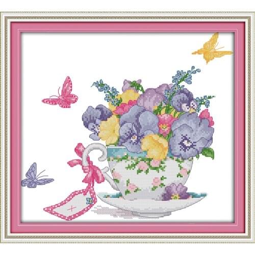 Joy Sunday Butterfly Orchid In The Cup Chinese Cross Stitch Kits Ecological Cotton Stamped 11CT DIY Wedding Decoration For Home
