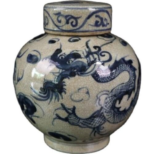 Chinese Old Porcelain Cracked Glaze Blue And White Dragon Pattern Cover Can