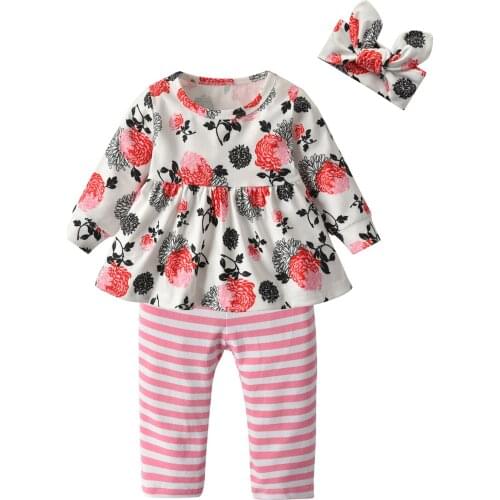 Infant Baby Girl Clothing Sets Floral Full Sleeve Tops and Striped Legging Pants With Hairband 3pcs/set Babies Toddler Clothing