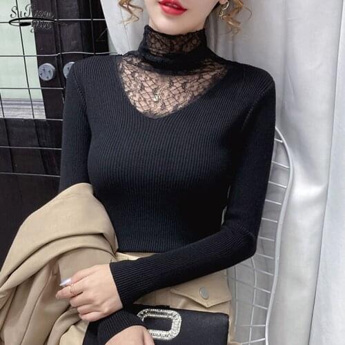 Lace Chiffon Stand Collar Bottoming Knitwear Mesh Stitching Long-Sleeve Womens Slim-Fit Tops Women Top Sweater Pull Femme 11588