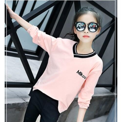 Girls Tees Fashion Embroidered Pink Color V-neck Long Sleeve Girl Tees and Tops Kids School T-shirts 6 8 10 12 14 years
