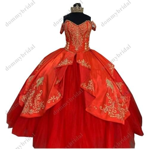 Fashion Detachable Sleeves Quinceanera Dresses Gold Embroidery Mexican Charro Ball Gown Red Satin Tulle Prom Evening Homecoming