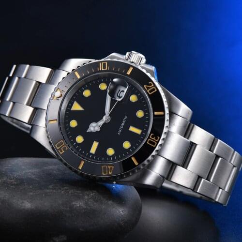 Sterile black face orange nail Mens Automatic Mechanical Watch Ceramic Bezel Stainless Steel Silver Case