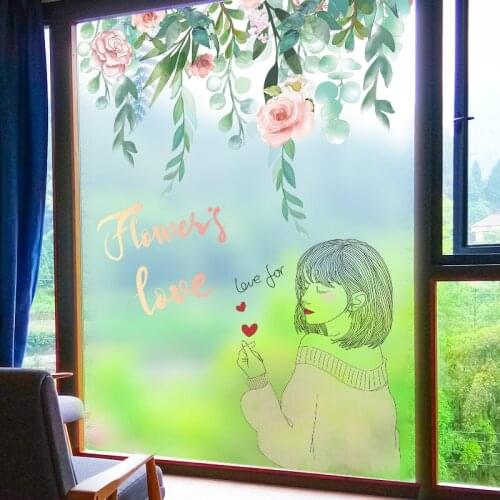 [shijuekongjian] Cartoon Girl Wall Stickers DIY Flower Leaves Mural Decals for Kids Bedroom Living Room Glass House Decoration