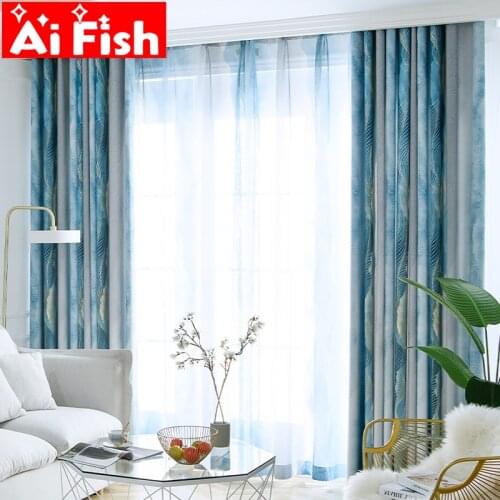 Simple bohemian style gradient blue striped with leaf home texture curtains for living room high-grade blackout bedroom MY450#4