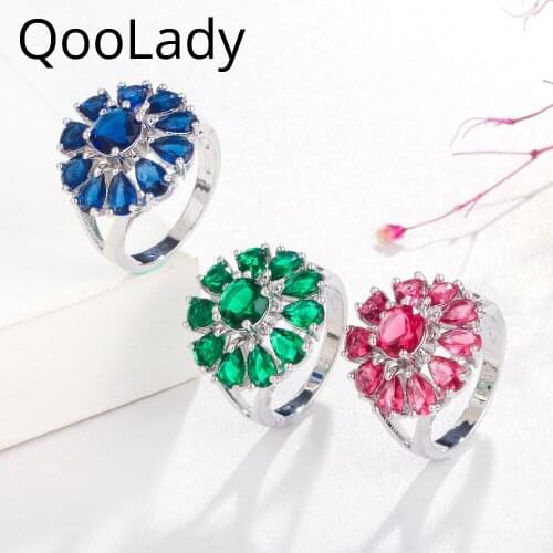 QooLady Fashion Sparkling Yellow Purple Big Sunflower Shape Cubic Zirconia Stone Flower Rings for Women Wedding Jewelry F073