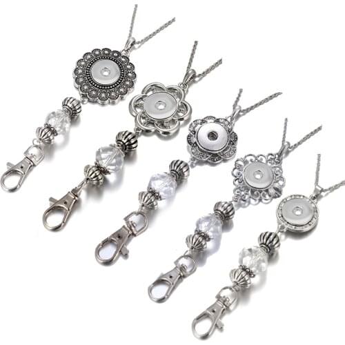 Flowers Crystal Pendant Lanyard Retractable ID Badge Reel Phone Key Holder snap necklace 60cm fit 18mm snap buttons jewelry