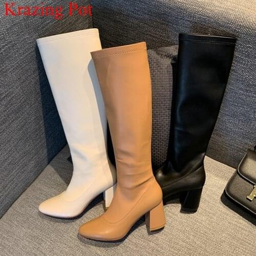 Krazing pot fashcow leather round toe zipper leisure high heels concise thigh high boots daily wear elegant knee high boots L52