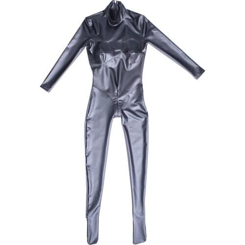Sexy Faux Latex PU Leather Catsuit Zipper Open Crotch Long Sleeve Bodysuit Bodycon Jumpsuit One Piece Tights Bodystocking Bodys