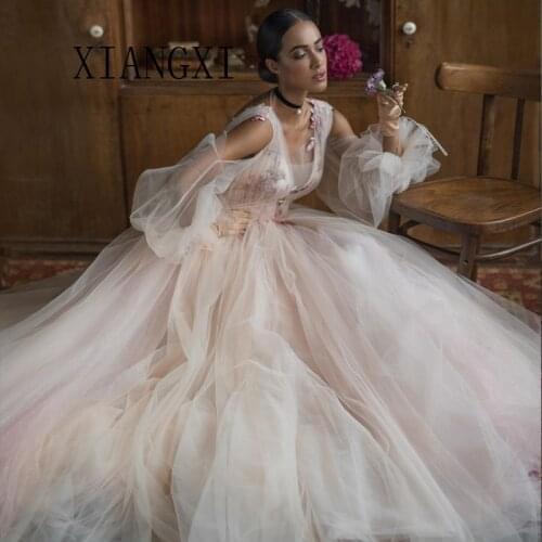 2020 Evening Dresses Tulle A-Line V-Neck Full Sleeves Lace Appliques Sweep Train Evening Party Dress Robe de soiree vestidos