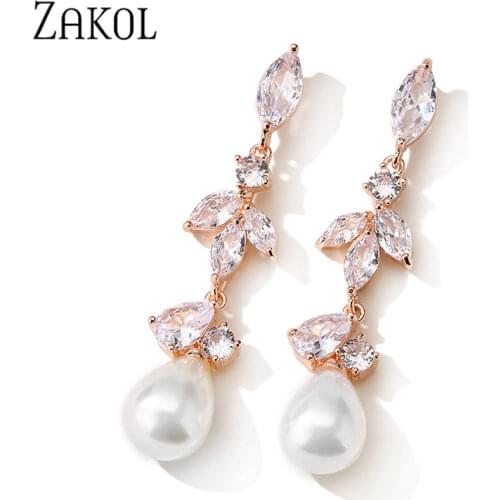 ZAKOL New Korean AAA Cubic Zirconia Water Droplets Pearl Dangle Earrings Temperament Bride Bridesmaid Wedding Earring EP5155