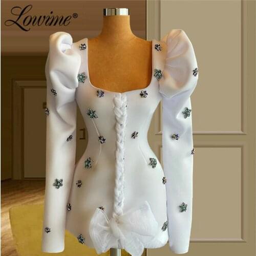 Lowime White Beaded Crystals Long Sleeves Evening Dresses 2021 Formal Dubai Arabic Party Gowns Short Prom Dress Robes De Soirée