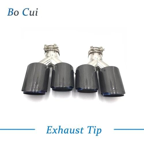 1 Pair: Glossy Carbon fiber +Blue Dual stainless steel universal exhaust system end pipe+Glossy carbon car exhaust tip