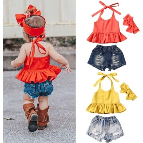 2020 Newly Lovely Toddler Baby Girls Clothes Sets Orange Solid Sleeveless Belt Ruffles Vest Dress+Denim Shorts Headband 3pcs