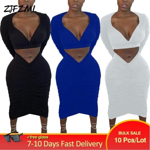 Bulk Items Wholesale Lots Fall Clothes for Women Deep V-neck Full Sleeve Short Top+pleated Skinny Skirt 2 Piece Matching Suits