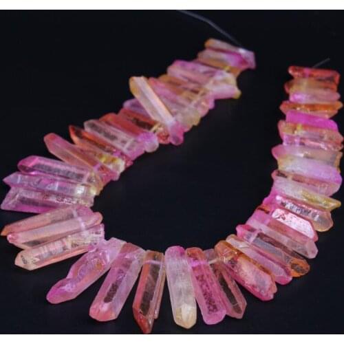 15.5"strand Pink&Yellow Titanium Crystal Quartz Top Drilled Point Beads,Mixed Color Raw Crystal Stick Pendants Jewelry Making