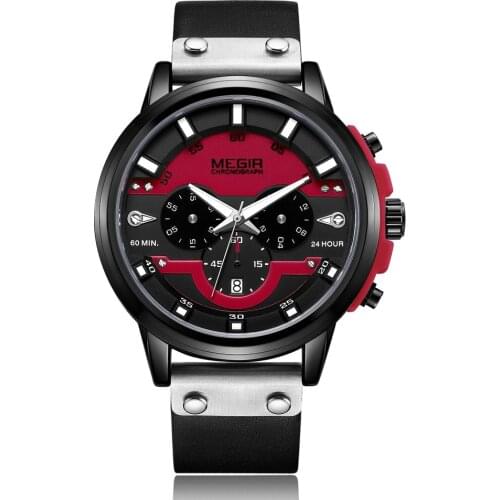 Megir New Mens Watches Luxury Top Brand Chronograph Sports Watch Waterproof Leather Quartz Wrist Watch Relogio Masculino red