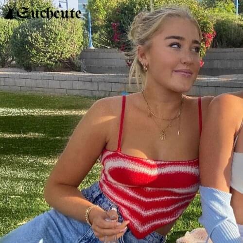 SUCHCUTE Heart Print y2k Aesthetic Crop Top Summer Fashion Beach Vacation Wear Knitted Corset Top Vintage Skinny Camisole