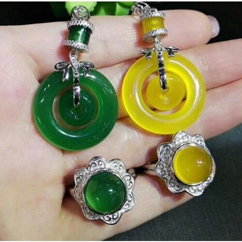 Fine jewelry Natural color yellow green chalcedony ice four piece Necklace Pendant Earrings Ring Bra free certificate box