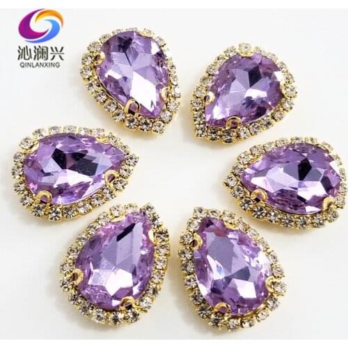 Crystal violet Golden bottom Top grade Glass Crystal buckle,Drop shape sew on rhinestones,Diy wedding decoration 10pcs/pack