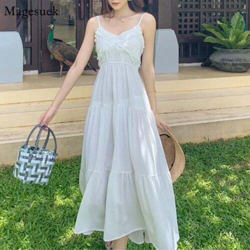 Summer Dress New Spaghetti Strap Backless V-neck White Dress Beach Bohemian Women Holiday Long Dresses Woman Female Vestido 8633