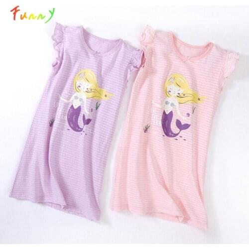 Kids Nightgown Summer 2021 Cotton Buttery Sleeve Knee Length Princess Dress Pajamas for Children Cartoon Girls Nightwear 3-14T