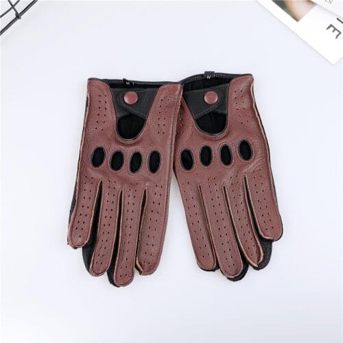 High Quality Genuine Sheepskin Leather Glove Mens Autumn Winter Motocycle Driving Gloves With Holes Breathable ST23