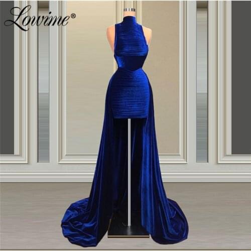 Royal Blue Velvet Party Gowns High Low Prom Dresses 2021 Red Carpet Runaway Dresses Custom Made High Neck Arabic Evening Gowns
