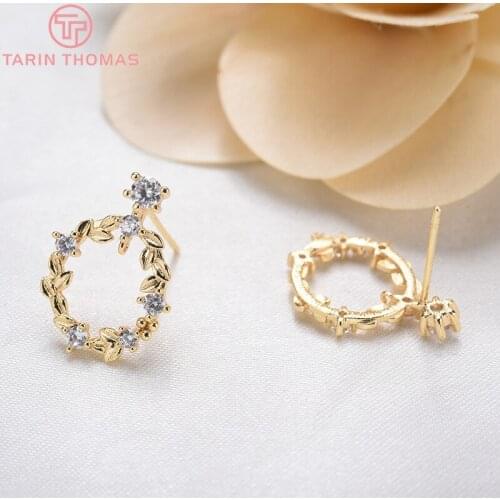 6PCS 12x17MM 24K Gold Color Brass with Zircon Leaf Leaves Flower Stud Earrings High Quality Diy Jewelry Findings Accessories