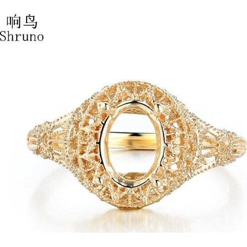 Shruno Antique Fine Jewelry Solid 10K Yellow Gold Solitaire Oval 8x6mm Semi Mount Ring For Women Ring