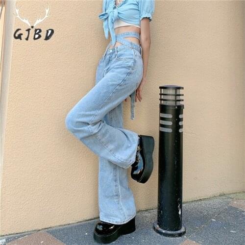 High Waist Blue Women Jeans Streetwear Bandage Baggy Korean Fashion Wide Leg Pants Casual 2021 Summer Mom Straight Denim Trouser