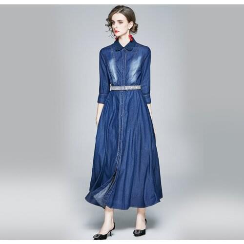 Spring and Autumn New Womens 2020 Lace Lapel Long-Sleeve Denim Long Dress with Belt