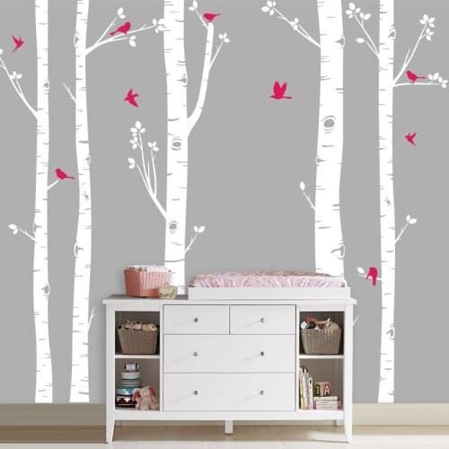 Large Tree Vinyl Wall Stickers Set of 5 Birch Trees with Birds Wall Decals Living Room Home Decor Removable Decal Mural ZA317