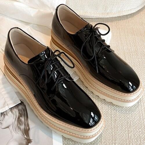 Womens genuine leather thick sole wedge platform flats oxfords leisure soft comfortable square toe casual punk sneakers shoes
