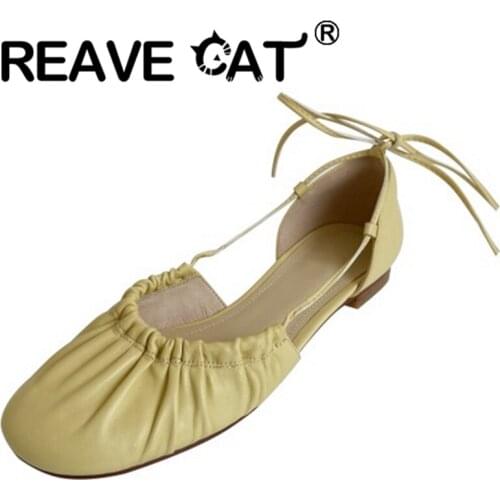 REAVE CAT 2021 Comfort Plus Ladies Flats Pleated Round To Ankle Strap Chunky Heel Shoes 1.5cm US8 9 Black Yellow Apricot A4292